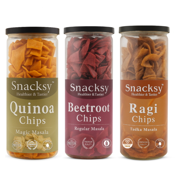 Snacksy Ragi Chips, Beetroot Chips and Quinoa Chips (125g Jar each) Superfood Chips Combo